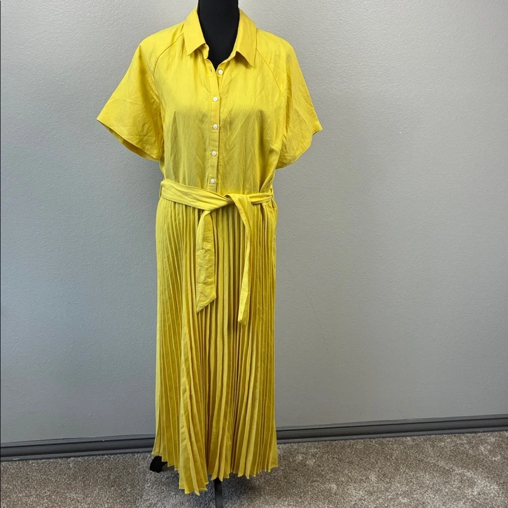 1901 Nordstrom Yellow Pleated Midi Shirtdress Short Sleeve Belted Button Up XL - Picture 4 of 8